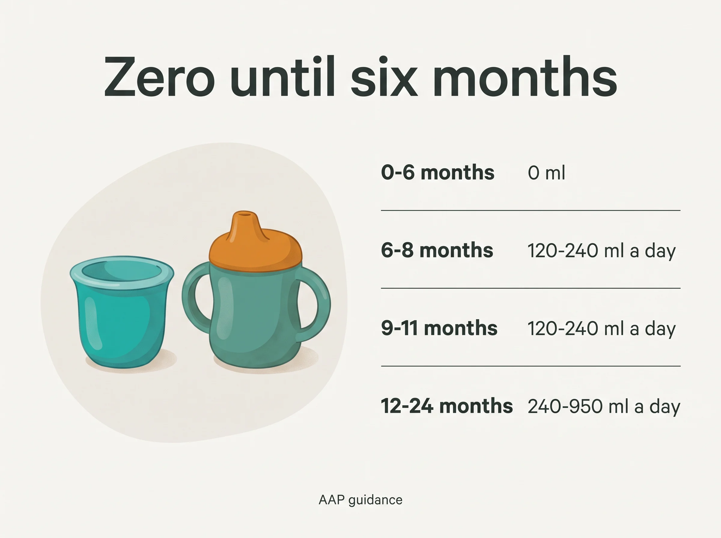 Baby water intake by age - none before six months, 120-240 ml a day at 6-11 months and 240-950 ml a day at 12-24 months (AAP)