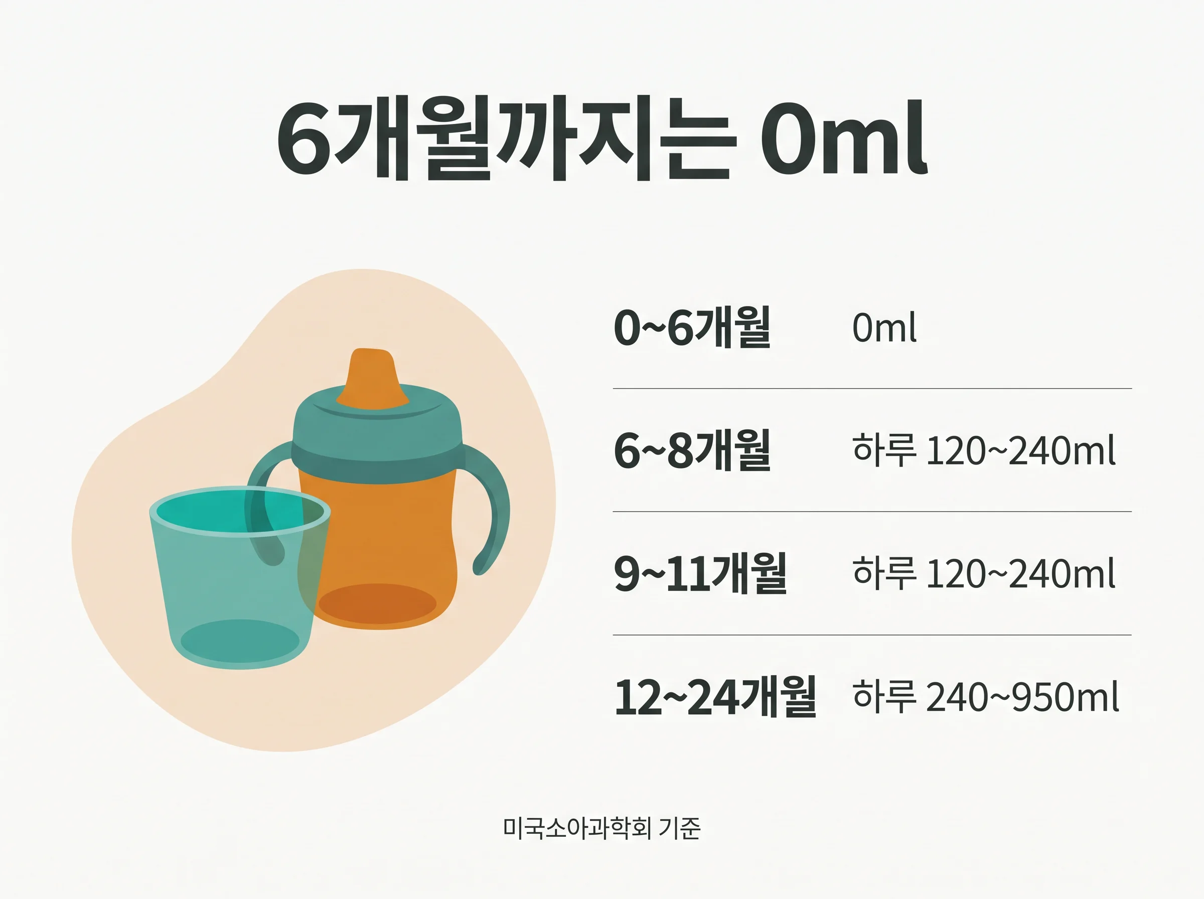 아기 월령별 물 섭취량 - 6개월까지는 0ml, 6~11개월 하루 120~240ml, 12~24개월 하루 240~950ml(미국소아과학회 기준)