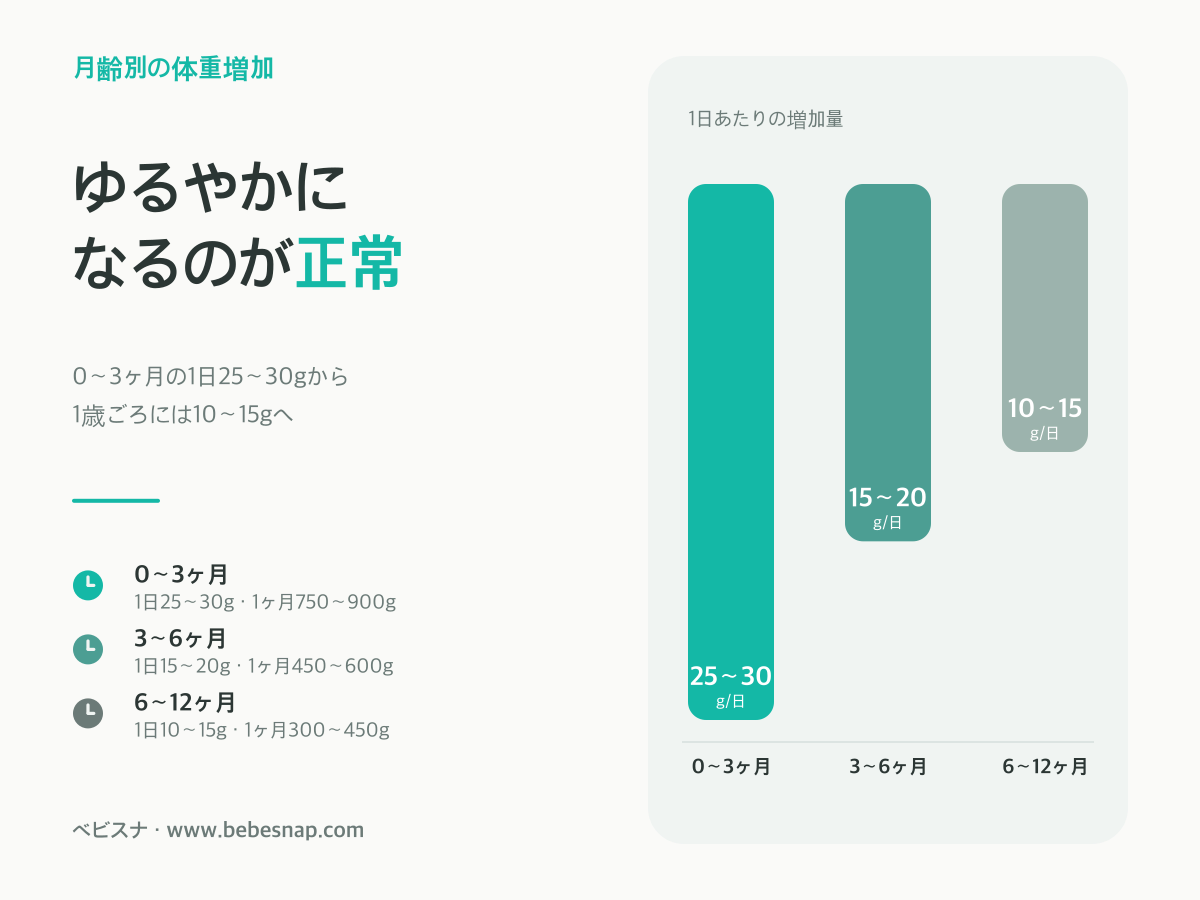 赤ちゃんの体重増加ペース - 0〜3ヶ月の1日25〜30gから6〜12ヶ月の10〜15gまで半分以下に減速するグラフ