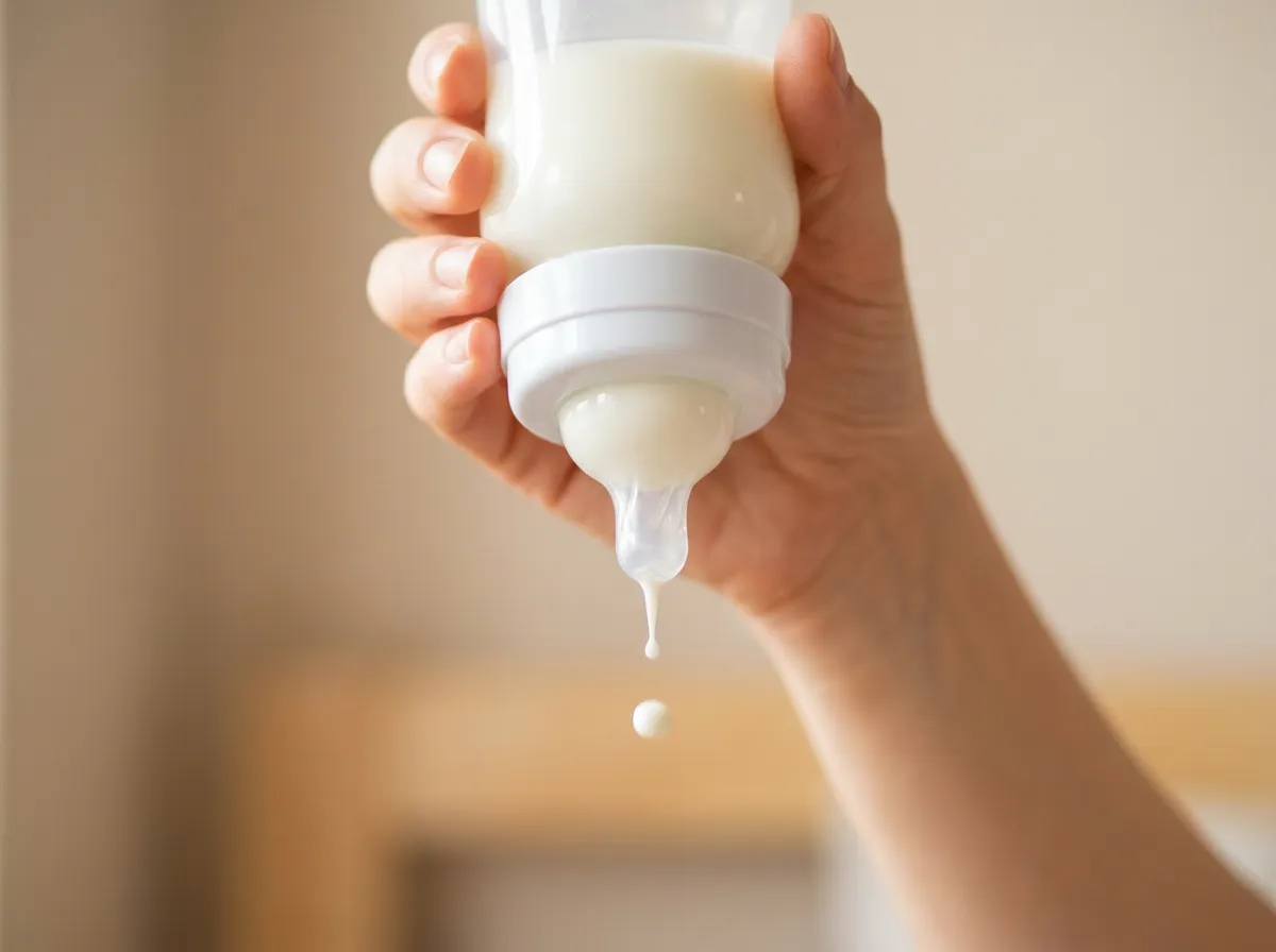 Checking nipple flow - a bottle of formula held upside down, with milk falling one slow drop at a time from the nipple tip