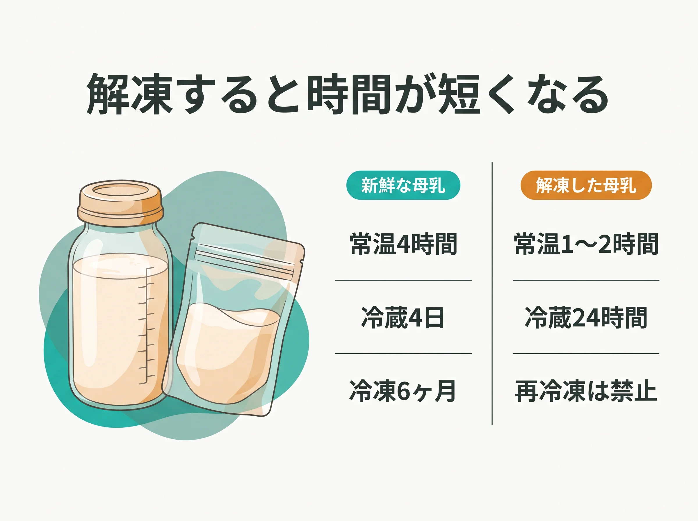 新鮮な母乳と解凍した母乳の保存時間の比較 - 新鮮は常温4時間・冷蔵4日・冷凍6ヶ月、解凍後は常温1〜2時間・冷蔵24時間で再冷凍は禁止