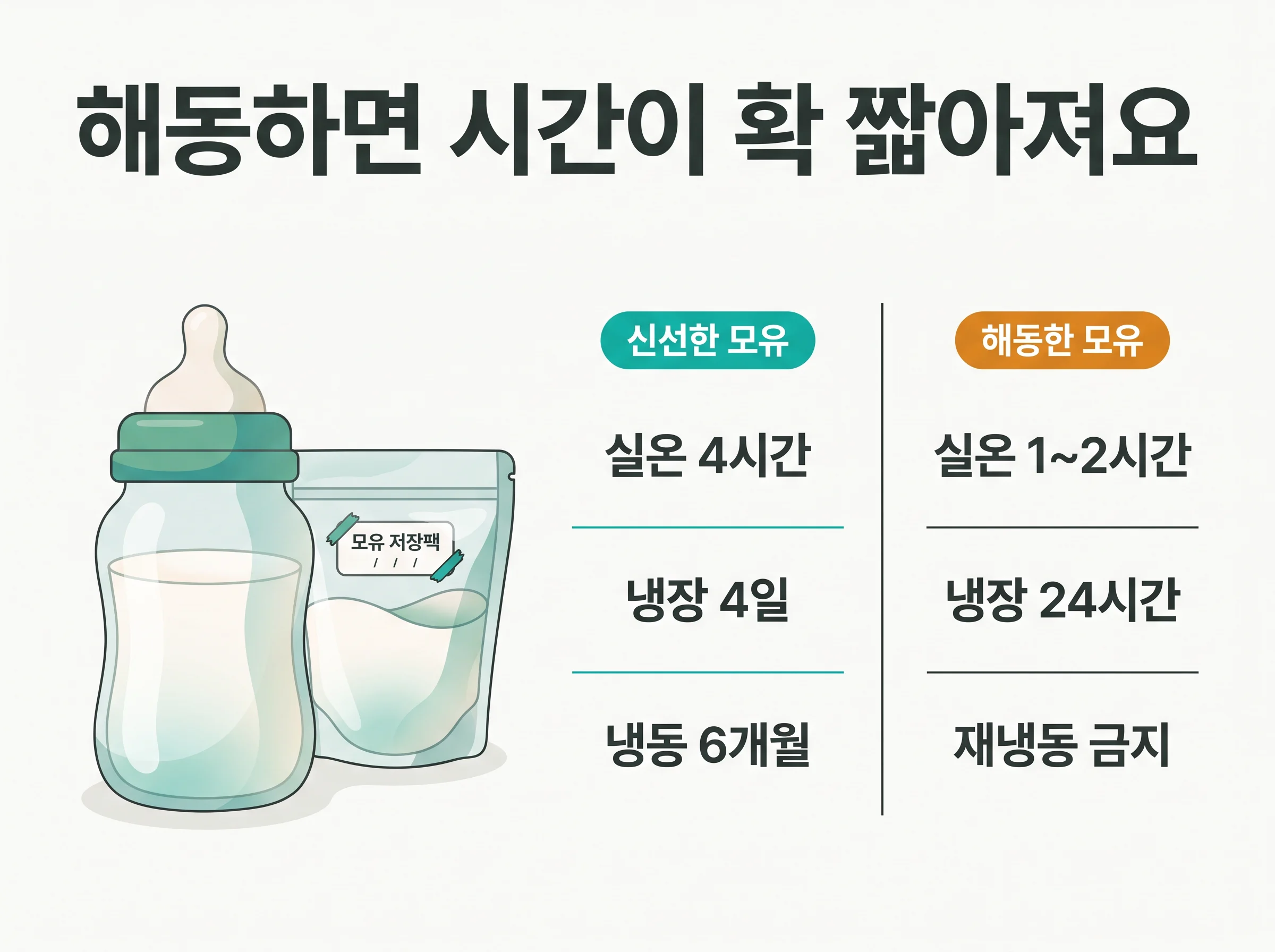 신선한 모유와 해동한 모유의 보관 시간 비교 - 신선한 모유는 실온 4시간·냉장 4일·냉동 6개월이지만 해동한 모유는 실온 1~2시간·냉장 24시간이고 재냉동은 금지
