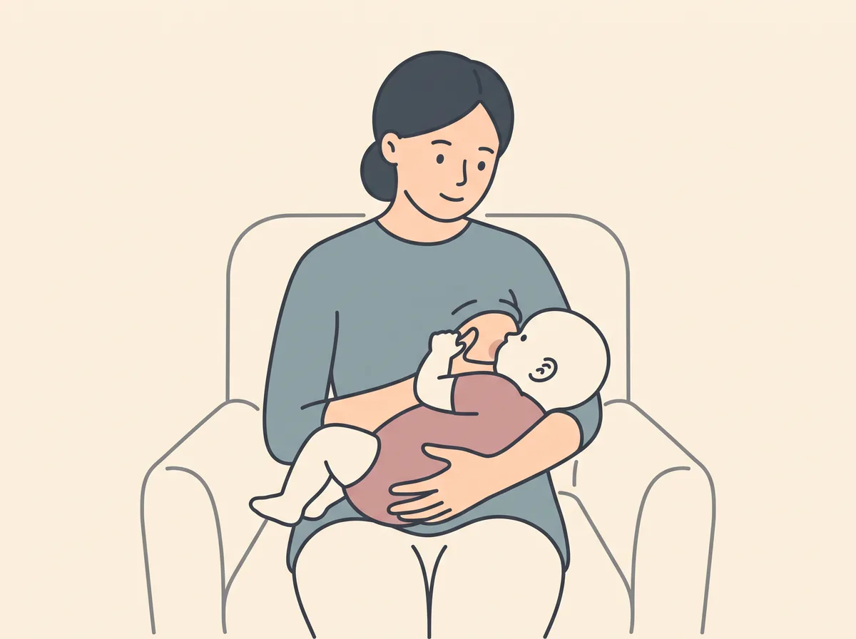 横抱きの授乳姿勢 - 赤ちゃんの頭をひじの内側にのせ、ママと赤ちゃんのお腹が向かい合うように抱いた様子