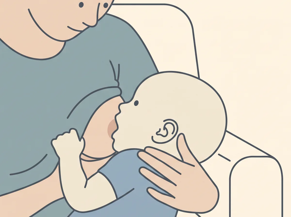 交差横抱きの授乳姿勢 - 手のひらで赤ちゃんの首と肩の間を支え、後頭部は押さえずに吸わせている様子