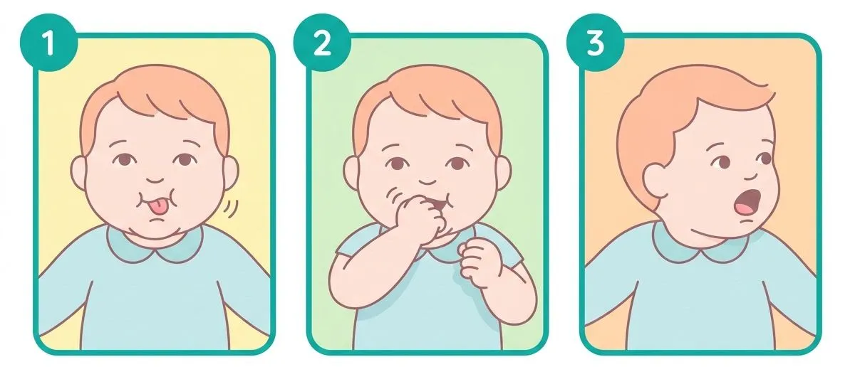 Three early hunger cues in babies: mouthing, sucking on a hand, and turning the head to root