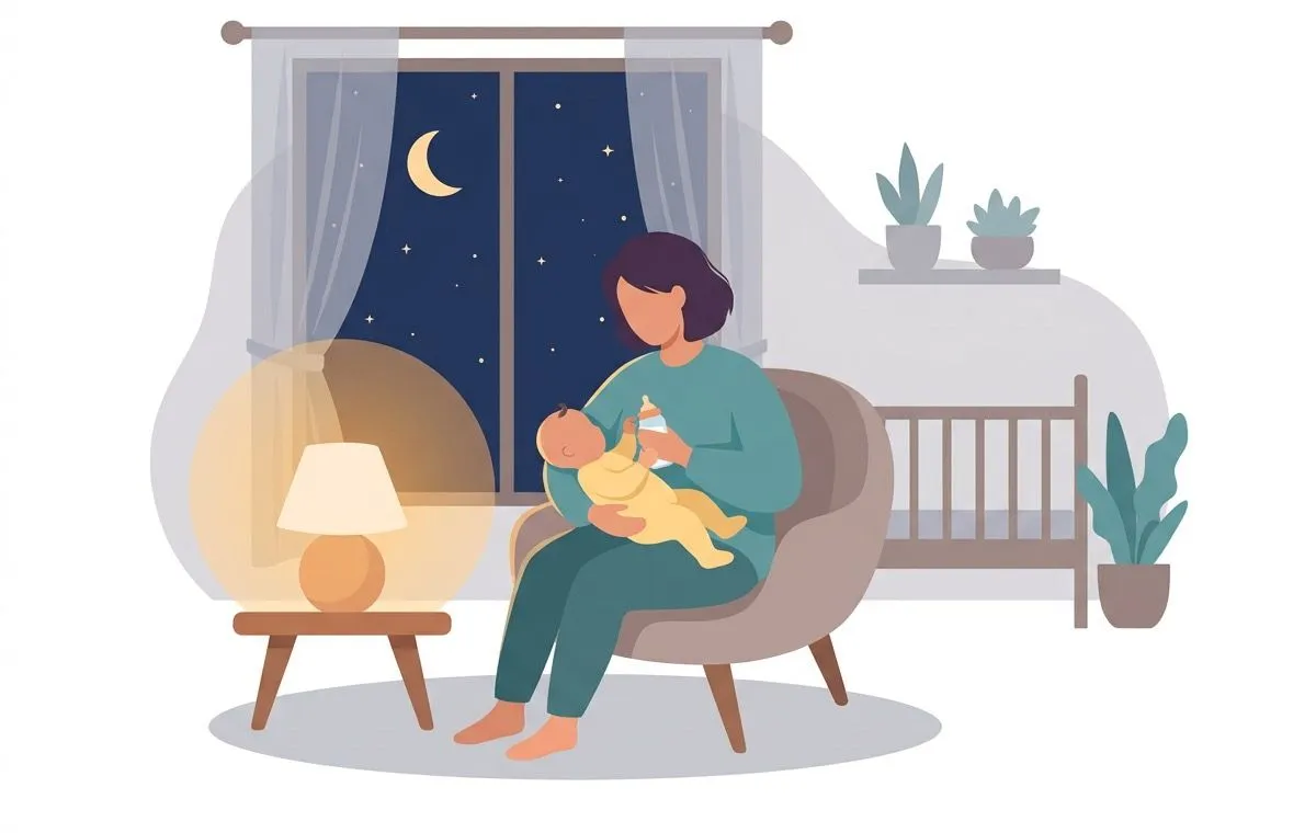 A parent cradling a baby for a night bottle feed in a dimly lit room