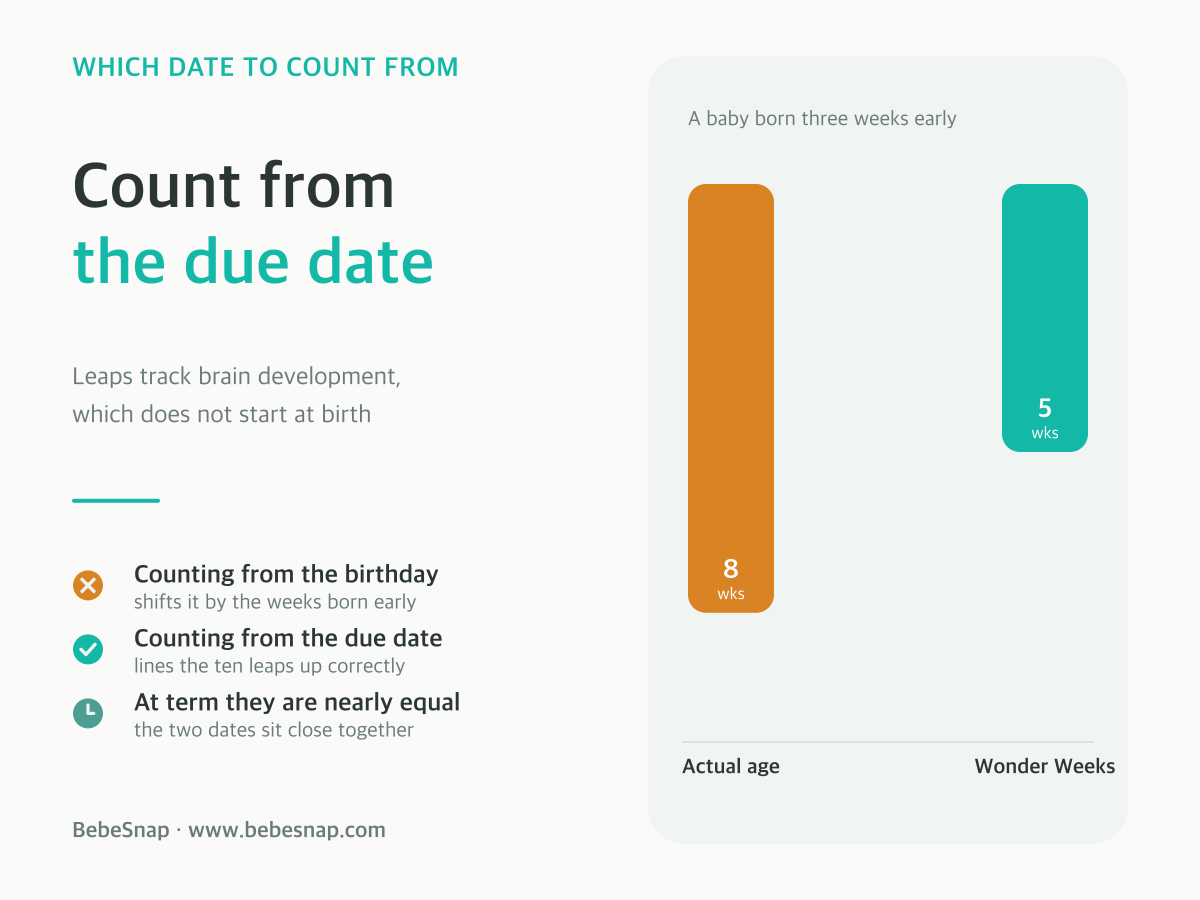 Wonder Weeks counting basis - a baby born three weeks early is 8 weeks old but only week 5 on the Wonder Weeks scale, shown as two bars