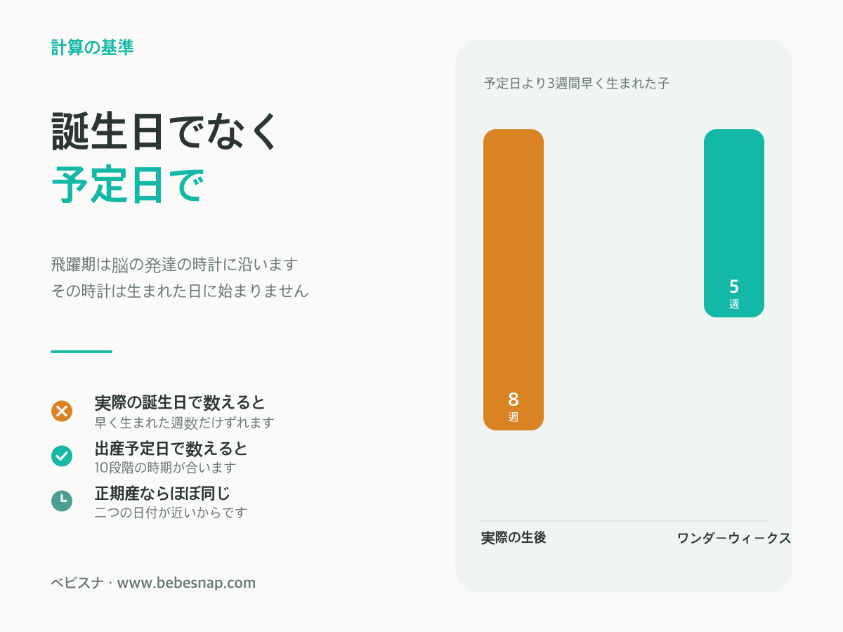 メンタルリープの計算基準 - 予定日より3週間早く生まれた子は生後8週でもワンダーウィークス基準では5週目であることを棒で比較した図