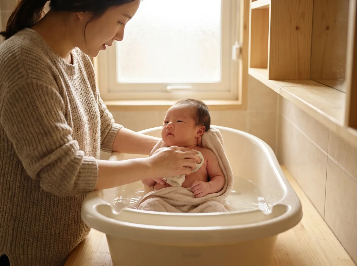 新生児の全身浴の姿勢 - 腕で背中を支え、遠い側の肩を持って頭を湯の上に保ちながら、タオルをかけて保温しつつ洗っている様子