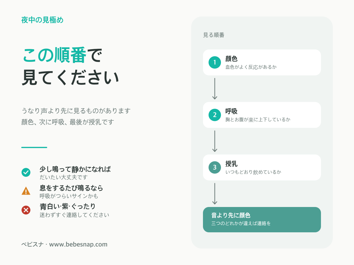 新生児のうなりの見極め順 - まず顔色、次に呼吸、最後に授乳を確認する3段階の手順図