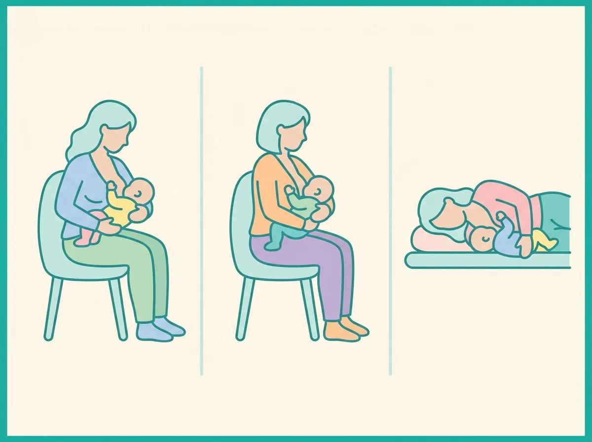 유두백반 관리를 위한 수유 자세 바꾸기 - 앉아서 두 가지 자세와 옆으로 누워서 수유하는 자세 일러스트