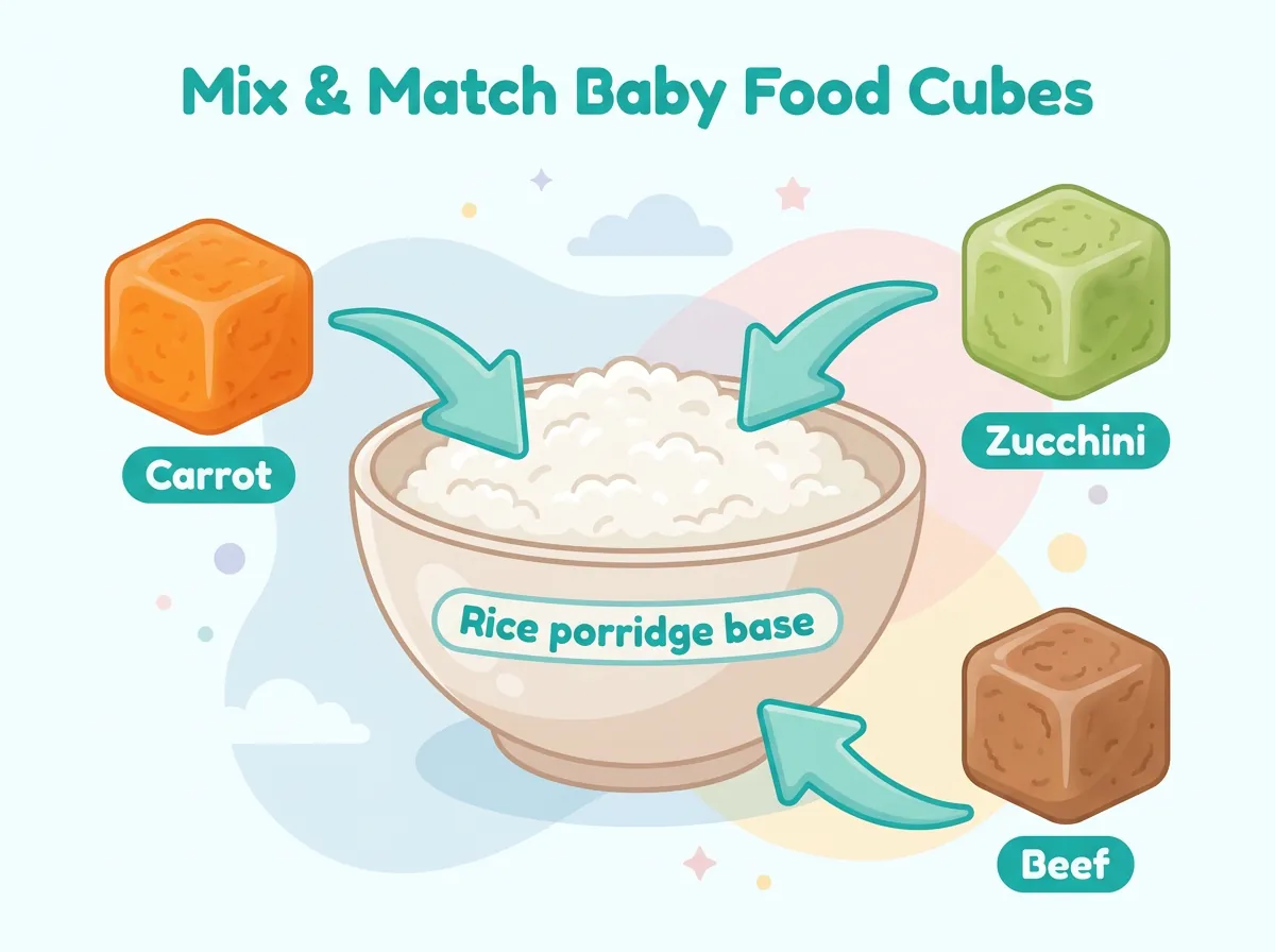 Baby food freezer cube method - a warm base topped with separate carrot, zucchini, and beef cubes