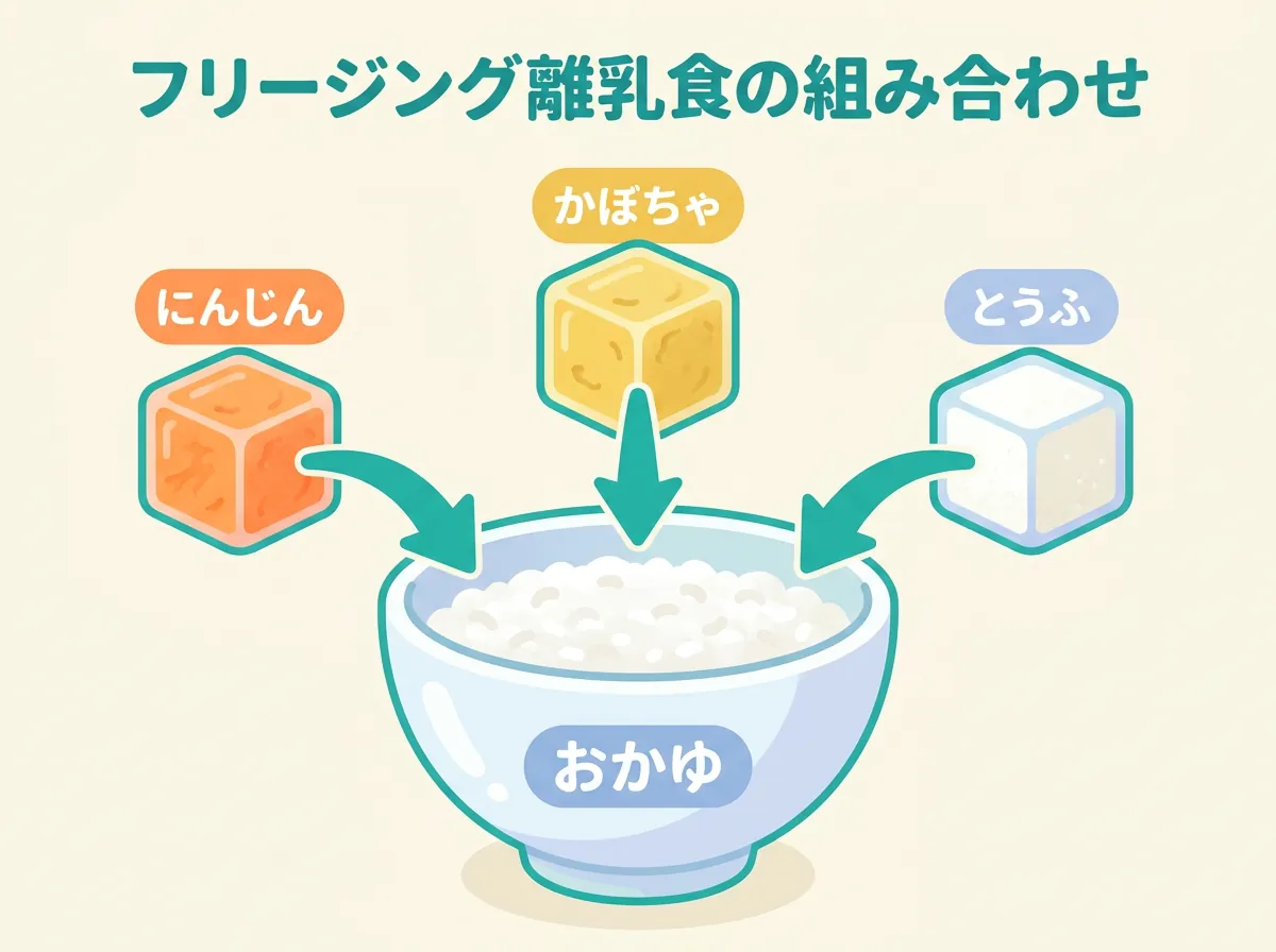 フリージング離乳食の組み合わせ - おかゆのベースににんじん・かぼちゃ・とうふのキューブをのせた図