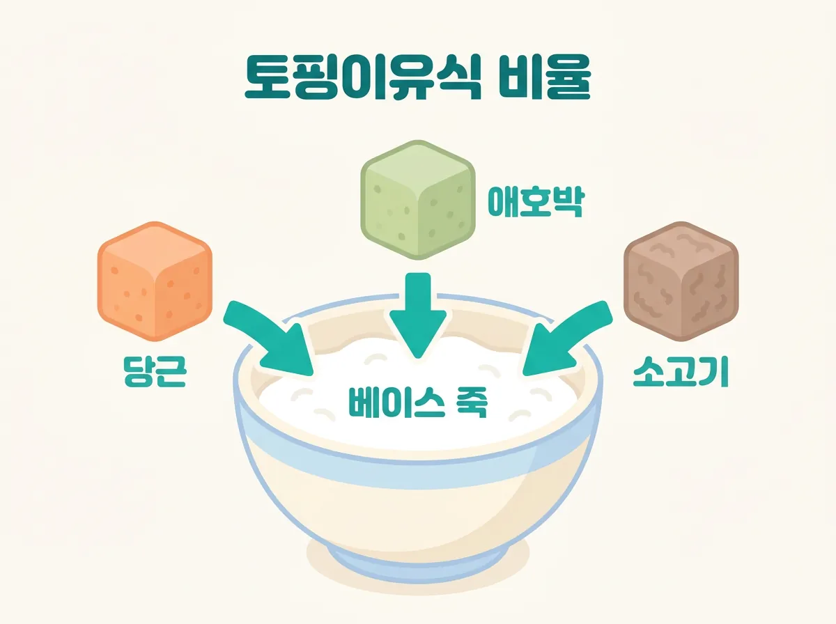 토핑이유식 구성 - 베이스 죽에 당근·애호박·소고기 토핑을 따로 올리는 비율 도식