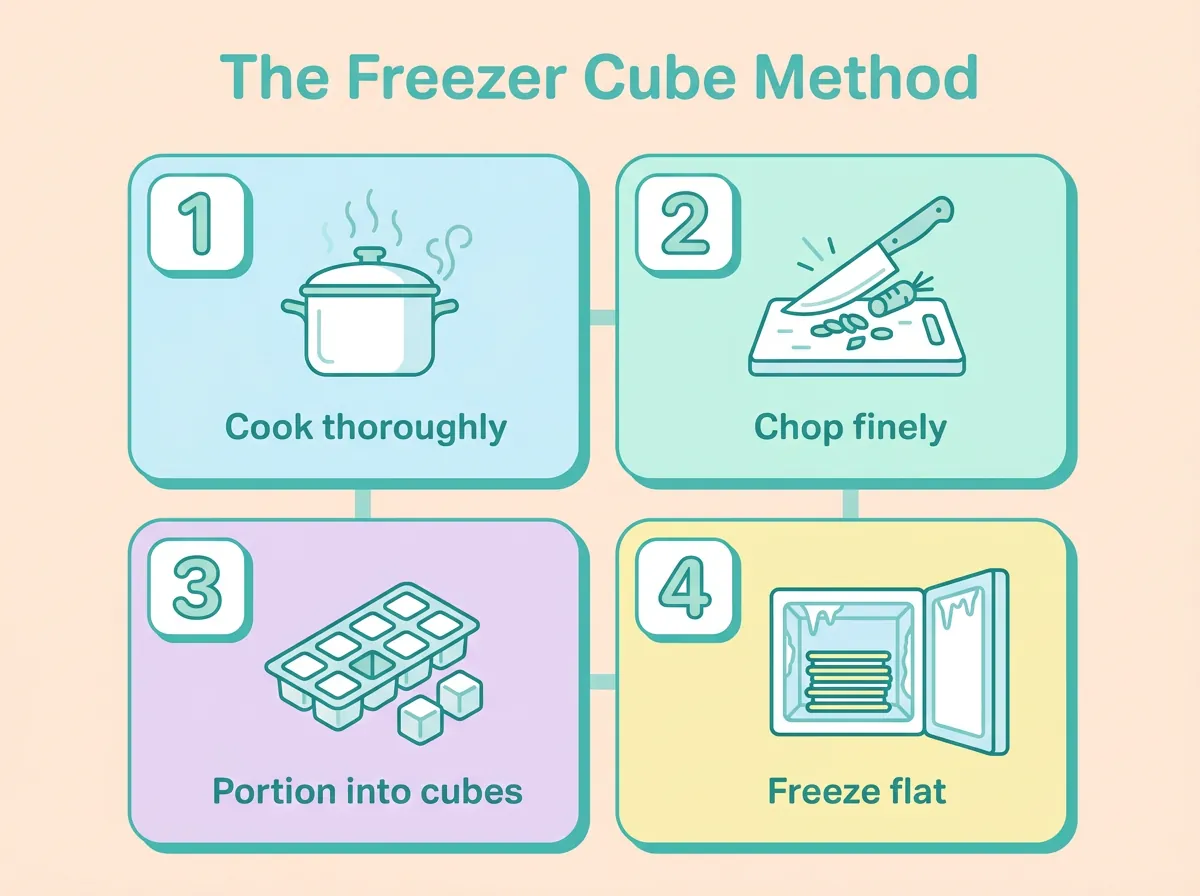 How to make baby food freezer cubes - cook thoroughly, chop finely, portion into cubes, and freeze in four steps