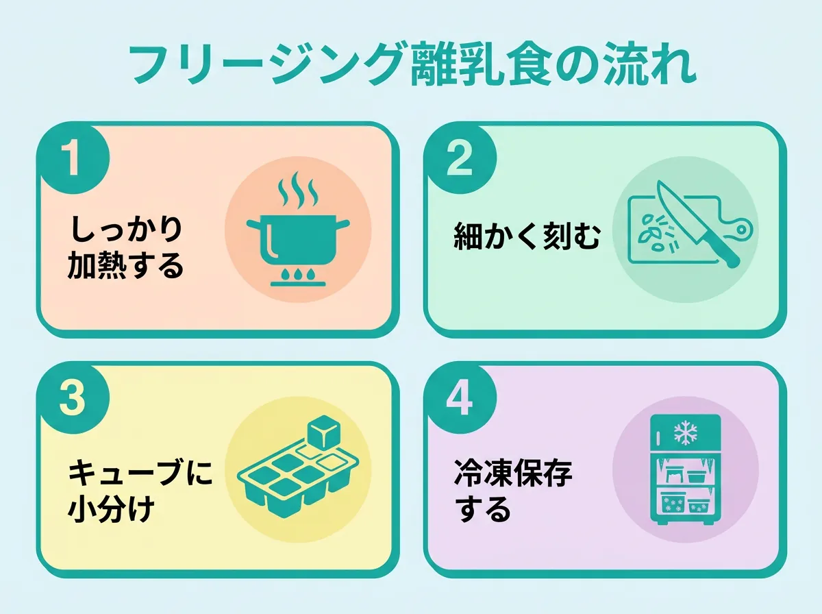 フリージング離乳食のキューブの作り方 - しっかり加熱・細かく刻む・キューブに小分け・冷凍保存の4ステップ