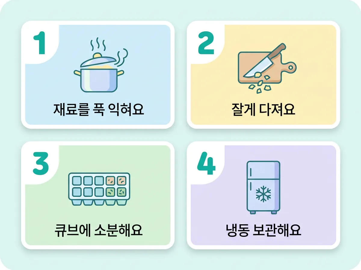토핑 큐브 만들기 4단계 - 재료 푹 익히기, 잘게 다지기, 큐브 소분, 냉동 보관 과정