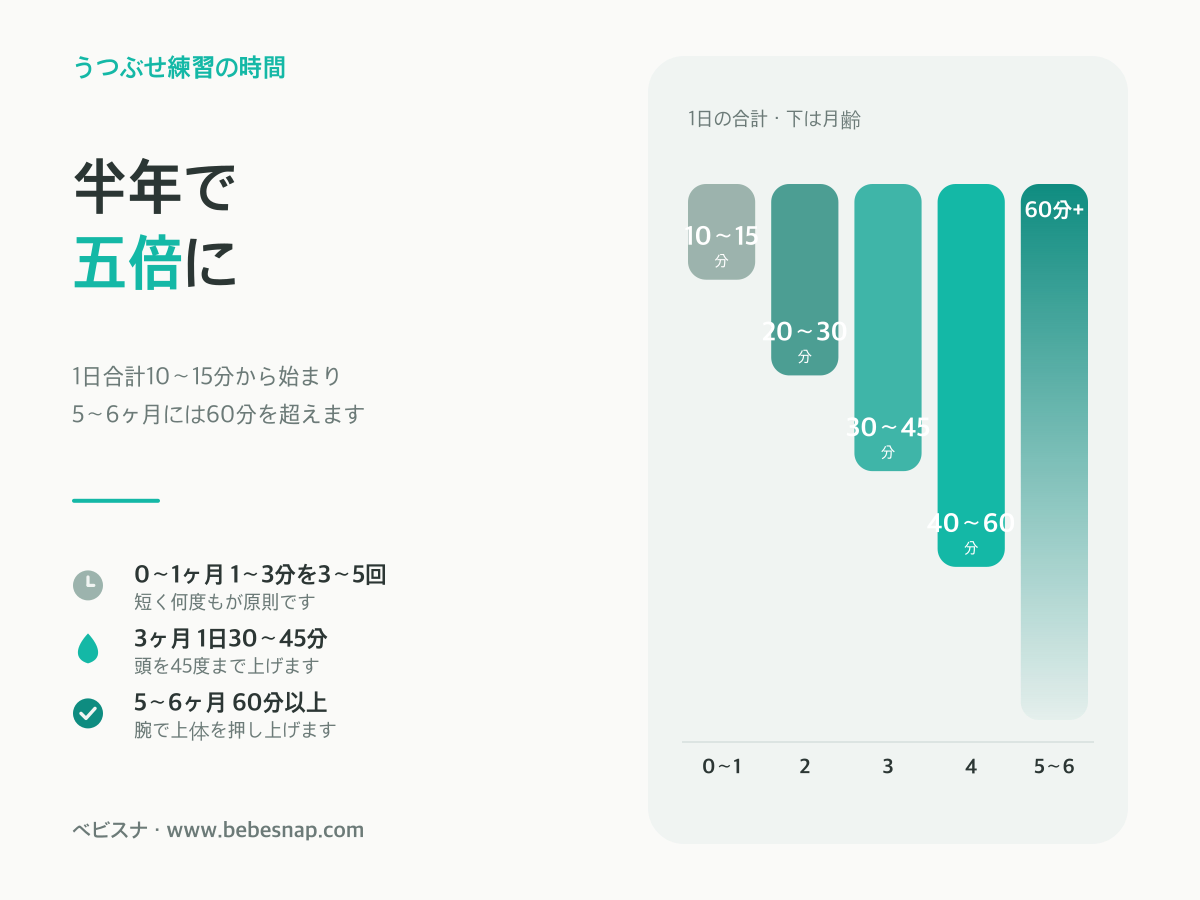月齢別のうつぶせ練習の1日合計 - 0〜1ヶ月の10〜15分から5〜6ヶ月の60分以上まで五倍に伸びる棒比較図