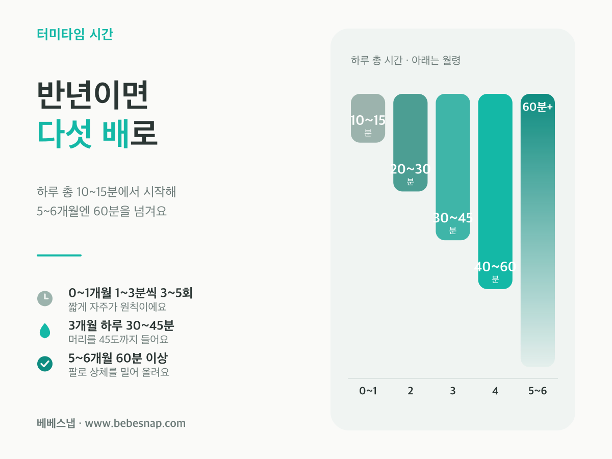 월령별 터미타임 하루 총 시간 - 0~1개월 10~15분에서 5~6개월 60분 이상까지 다섯 배로 늘어나는 막대 비교도