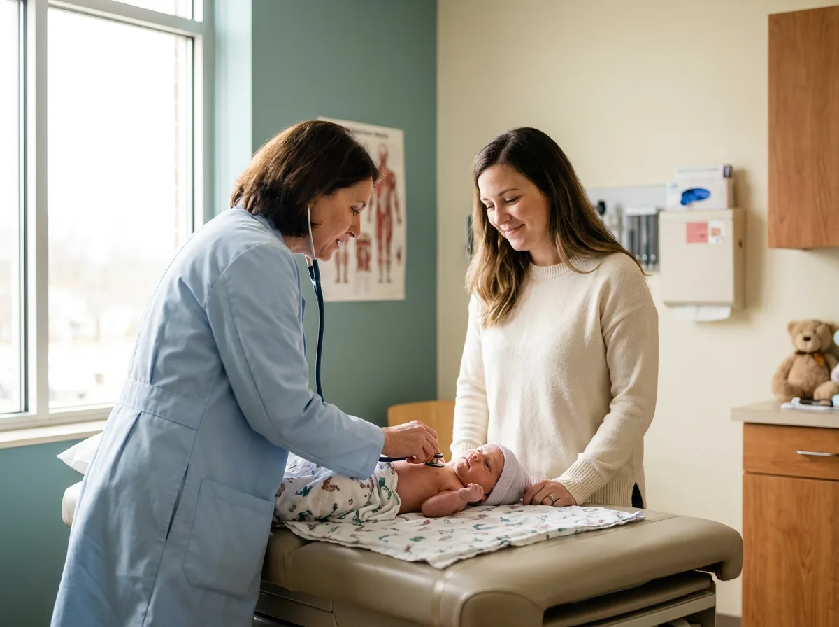 A doctor listening to a baby's chest with a stethoscope in a pediatric clinic while a parent watches