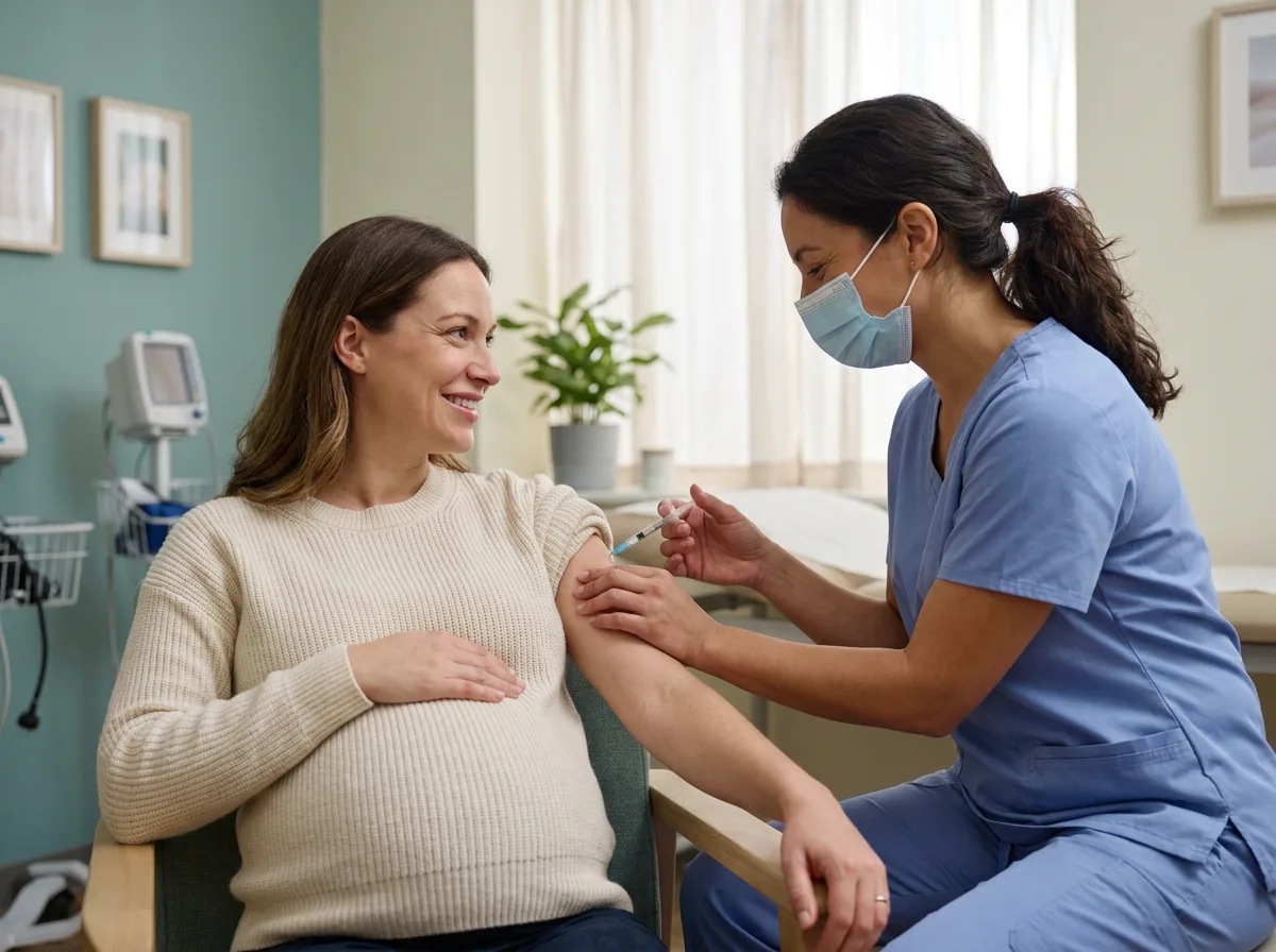 A woman in later pregnancy receiving a vaccination in her upper arm at a clinic
